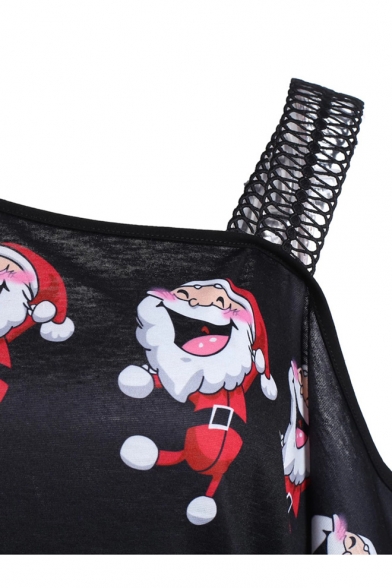 Fashion Color Block Santa Claus Print Long Sleeve One Shoulder Mini Dress