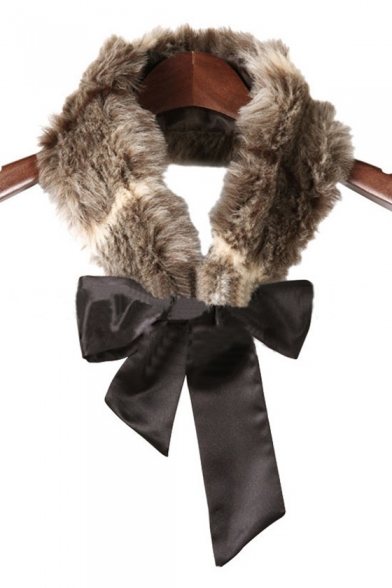 Fashion Faux Fur Collar Bow Long Sleeve Simple Plain Tunic Coat