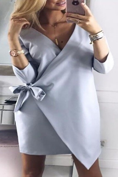 Fashion Simple Plain 3/4 Length Sleeve Wrap Tie Front Mini Dress