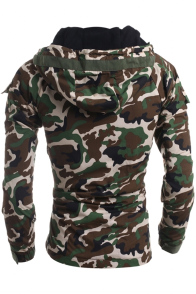 Fashionable Camouflage Zipper Up Drawstring Hood Long Sleeve Coat