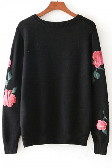 Floral Embroidered Round Neck Long Sleeve Pullover Sweater