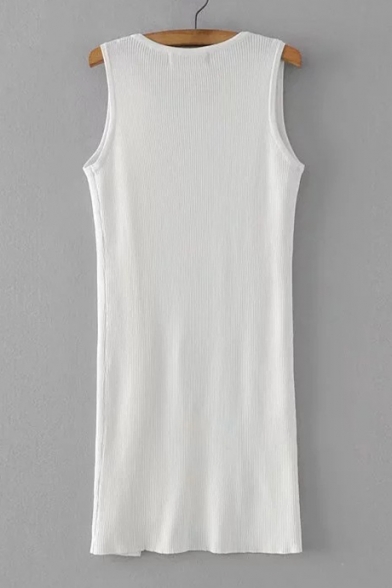 New Stylish Button Side Simple Plain Round Neck Knitted Tank Dress