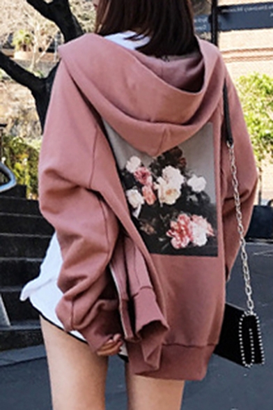 New Stylish Graphic Print Long Sleeve Zip Up Hooded Loose Coat