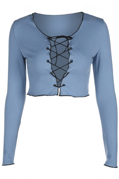 Nifty Crossed Straps Front Long Sleeves Slim-Fit Cropped Top