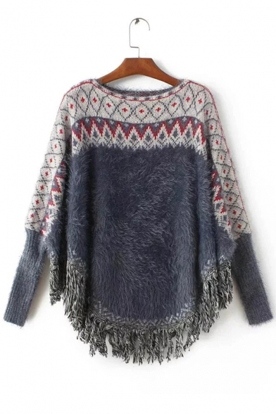 Retro Tribal Print Long Sleeve Round Neck Tassel Pullover Sweater