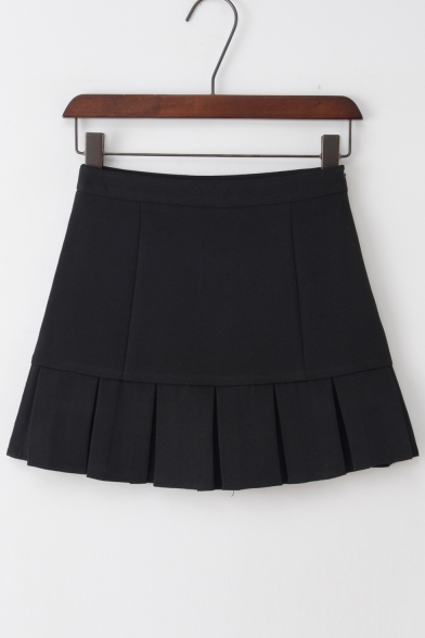 Simple Box Pleated Dropped Waist Plain Mini A-line Skirt with Pants Inside