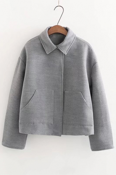 Simple Lapel Long Sleeves Plain Snap Button Leisure Coat with Pockets