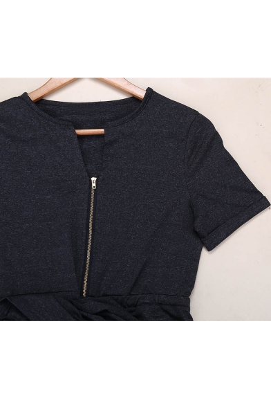 Simple Plain V-Neck Short Sleeve Zip Up Pencil Mini Dress