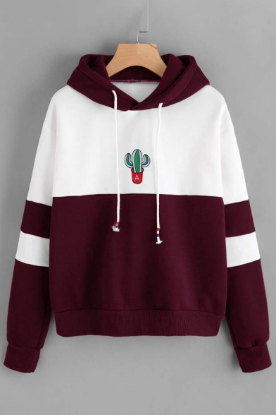 Stylish Color Block Cactus Pattern Long Sleeves Pullover Hoodie with Drawstring