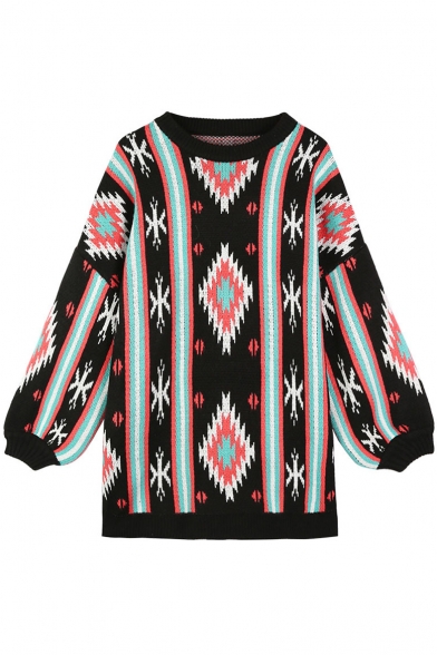 Stylish Striped Geometric Pattern Sweater Mini Shift Dress