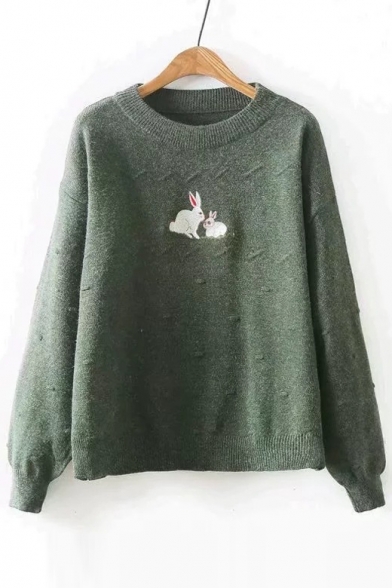 Stylish Rabbit Pattern Round Neck Long Sleeve Pullover Sweater