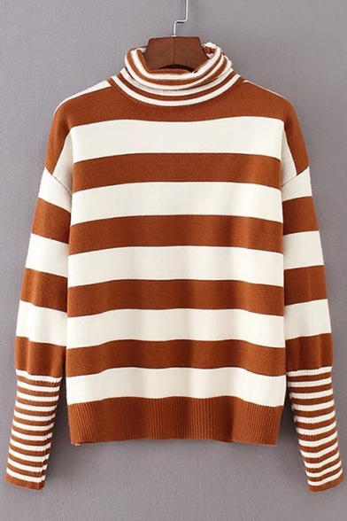 Trendy Turtleneck Long Sleeves Striped Pattern Ribbed Knitted Pullover Sweater