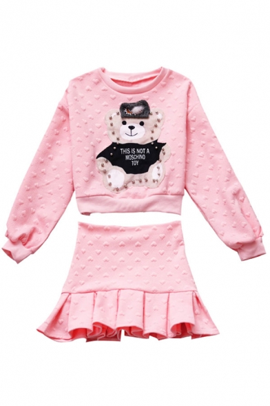 Adorable Bear Pattern Round Neck Long Sleeves Cotton Dobby Peplum Beaded Co-ords