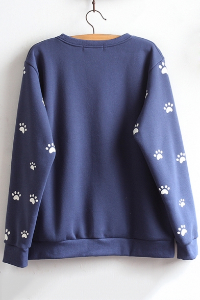 Cartoon Cat Print Tie Front Long Sleeve Round Neck Pullover Sweatshirt