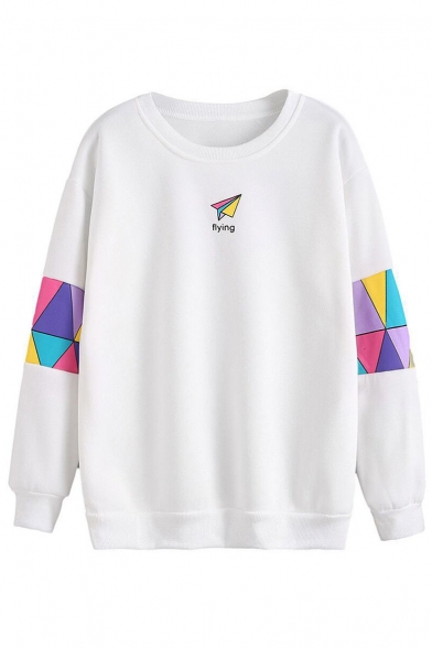 Chic Color Block Paper Plane Print Long Sleeve Round Neck Pullover Sweatshirt