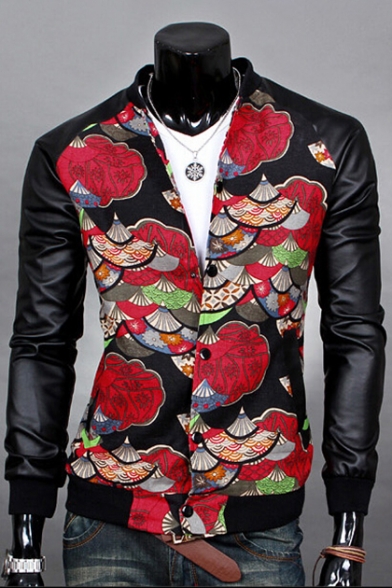 Chic Fan Print Faux Leather Long Sleeve Stand-Up Collar Single Breasted Jacket