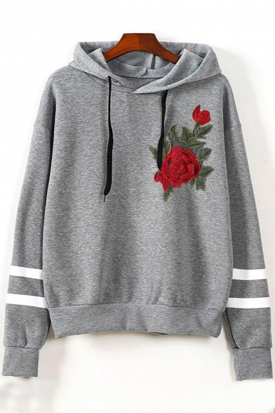 Chic Floral Embroidered Striped Long Sleeves Pullover Loose Trendy Hoodie