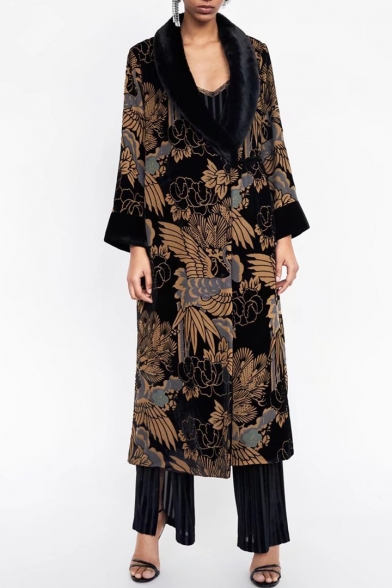 Chic Floral V Neck Long Sleeve Tie Waist Kimono Midi Coat