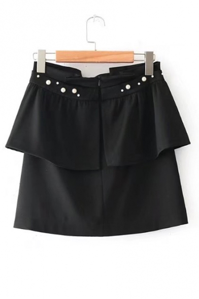 Chic Simple Plain Pearl Embellished Layered Mini Skirt