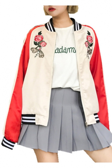 Color Block Floral Embroidered Stand-Up Collar Long Sleeve Baseball Jacket