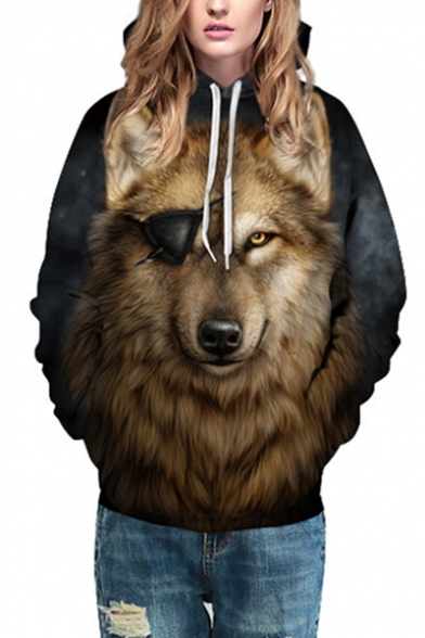 Cool 3D Wolf Eyepatch Pattern Long Sleeves Pullover Hoodie with Pocket