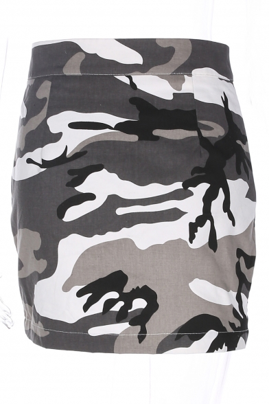 Cool Camouflaged Pattern Zippered Front High Waist Bodycon Mini Skirt
