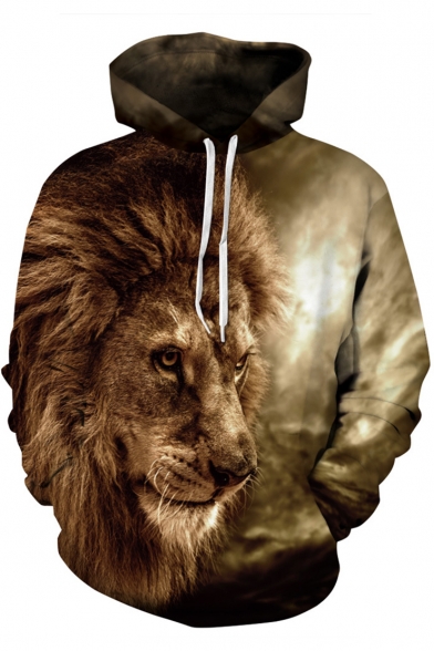 Cool Lion Pattern Long Sleeves Pullover Hoodie with Pocket