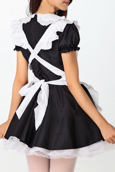 Cosplay Maid Peter Pan Collar Sweetheart Cutout Flared Mini Monochrome Ruffle Dress with Apron
