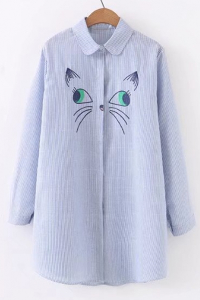 Cute Embroidered Pattern Long Sleeve Button Down Loose Longline Striped Shirt