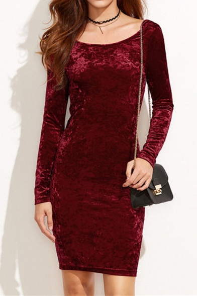 Elegant Boat Neck Draped Back Long Sleeves Slim-Fit Bodycon Mini Velvet Dress