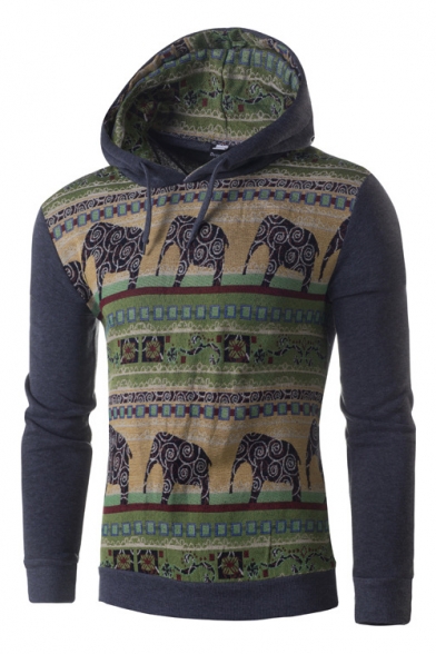 Ethic Elephant Pattern Color Block Long Sleeves Pullover Hoodie with Drawstring