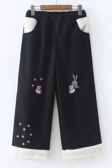 Fashion Embroidery Snowman Pattern Elastic Waist Cropped Pants