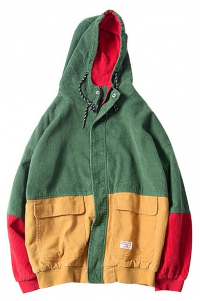 Fashionable Color Block Print Long Sleeve Zipper Hooded Coat