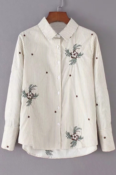 Floral Embroidered Striped Lapel Long Sleeve Buttons Down Shirt