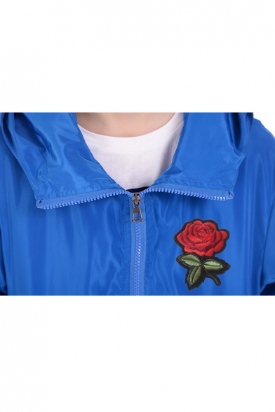 Leisure Embroidery Rose Pattern Long Sleeve Zipper Windproof Coat