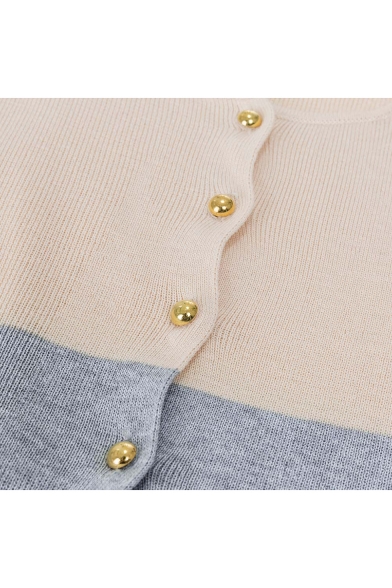 New Color Block Round Neck Long Sleeve Buttons Down Cardigan