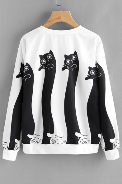 Popular Cats Pattern Round Neck Long Sleeves Pullover Monochrome Sweatshirt