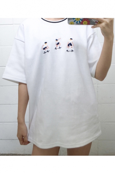 Popular Skater Skateboard Embroidery Round Neck Short Sleeves Over-Sized Unisex T-shirt