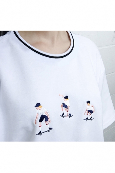 Popular Skater Skateboard Embroidery Round Neck Short Sleeves Over-Sized Unisex T-shirt
