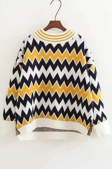 Retro Chevron Pattern Long Sleeve High Low Hem Loose Pullover Sweater