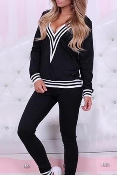 Sexy V-Neck Long Sleeves Striped Trimmed Slim-Fit Co-ords