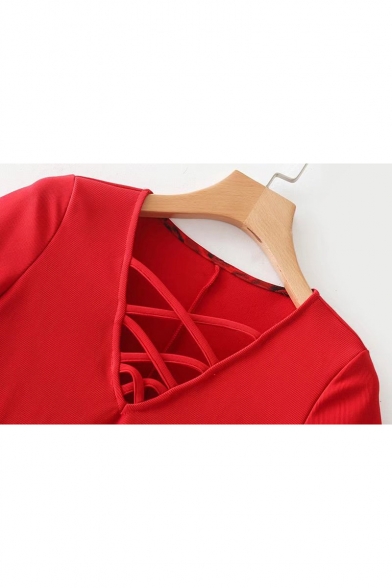 Simple Plain Crisscross V-Neck Short Sleeve Pencil Mini Dress