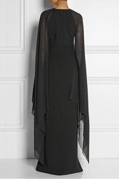 Simple Plain Split Side Lace Panel Round Neck Sleeveless Pencil Maxi Dress