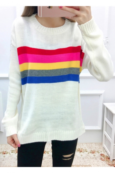 Stylish Color Block Striped Print Round Neck Long Sleeve Pullover Sweater