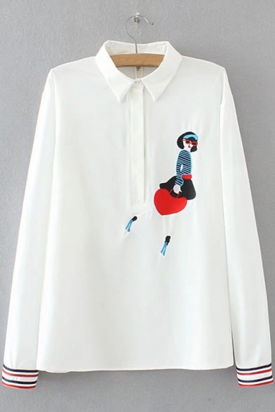 Stylish Lapel Button Embroidery Pattern Long Sleeve Striped Cuffs Shirt
