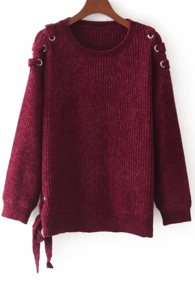 Stylish Plain Round Neck Long Sleeve Tie Side Pullover Sweater
