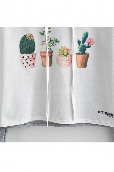 Adorable Cactus Pattern Color Block Long Sleeves Pullover Cropped Hoodie