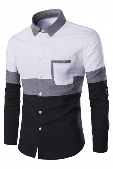 Autumn Collection Color Block Point Collar Button Down Chest Pocket Long Sleeves Slim-Fit Shirt