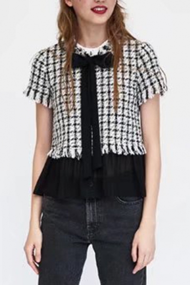 Chic Plaid Bow Front Raw Hem Short Sleeve Pullover Blouse