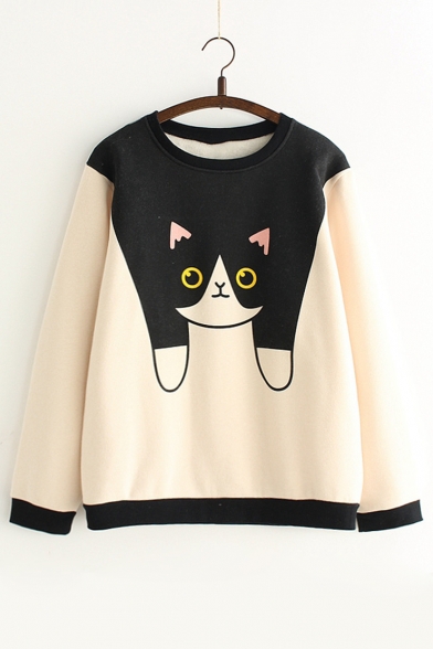 Cute Cartoon Cat Print Round Neck Long Sleeve Pullover Sweatshirt